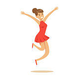 Girl In Short Red Dress Overwhelmed With Happiness And Joyfully Ecstatic, Happy Smiling Cartoon Character