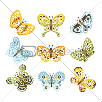 Fantastic Tropical Butterfly With Funky Design Patterns On The Wings Set Of Creative Insect Drawings