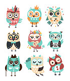 Stylized Design Owls Emoji Stickers Set Of Cartoon Childish Vector Characters With Funky Elements