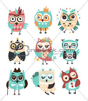 Stylized Design Owls Emoji Stickers Set Of Cartoon Childish Vector Characters With Funky Elements