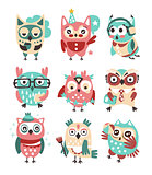 Stylized Design Owls Emoji Stickers Collection Of Cartoon Childish Vector Characters With Funky Elements