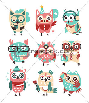 Stylized Design Owls Emoji Stickers Collection Of Cartoon Childish Vector Characters With Funky Elements