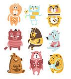 Cute Toy Bear Animals Collection Of Childish Stylized Characters In Clothes In Creative Design