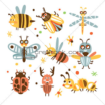 Funky Bugs And Insects Set Of Small Animals With Smiling Faces And Stylized Design Of Bodies