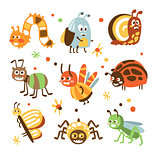 Funky Bugs And Insects Collection Of Small Animals With Smiling Faces And Stylized Design Of Bodies