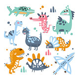 Funky Stylized Dinosaurs Real Species And Imaginary Jurassic Reptiles Set Of Colorful Childish Prints