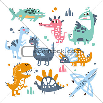 Funky Stylized Dinosaurs Real Species And Imaginary Jurassic Reptiles Set Of Colorful Childish Prints