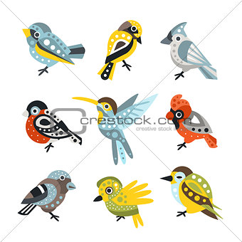 Small Bird Species, Sparrows And Hummingbirds Set Of Decorative Artistic Design Wild Animals Vector Illustrations