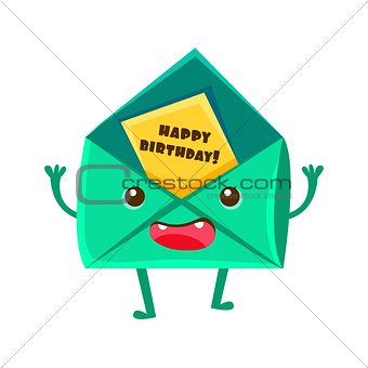 Envelop With Greeting Postcard, Happy Birthday And Celebration Party Symbol Cartoon Character