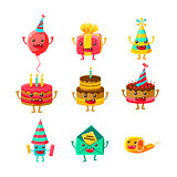 Happy Birthday And Celebration Party Symbols Cartoon Characters Set, Including Birthday Cake, Party Hat, Balloon, Party Horn And Fireworks
