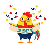 Rooster Cartoon Character Holding Festive Banner With Confetti Falling Around,Cock Representing Chinese Zodiac Symbol Of New Year 2017