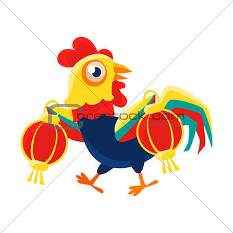 Rooster Cartoon Character Carrying Two Red Lanterns,Cock Representing Chinese Zodiac Symbol Of New Year 2017