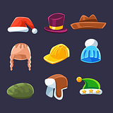 Different Types Of Hats And Caps, Warm And Classy For Kids And Adults Serie Of Cartoon Colorful Vector Clothing Items