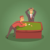Gambler Breaking The Bank At The Poker Table With Dealer In Horror, Gambling And Casino Night Club Related Cartoon Illustration
