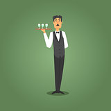 Male Waiter In Bow Tie Serving Champagne To Gamblers, Gambling And Casino Night Club Related Cartoon Illustration