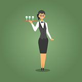 Female Waiter In Bow Tie Serving Champagne To Gamblers, Gambling And Casino Night Club Related Cartoon Illustration