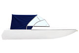Boat with a blue awning.
