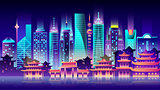 China city night neon style architecture buildings town country travel