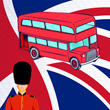 British red bus, Royal guard, flag UK.