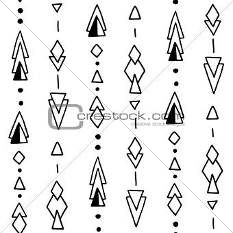 Seamless hand drawn geometric tribal pattern with rhombuses, triangles, squares and circles. Vector aztec design.