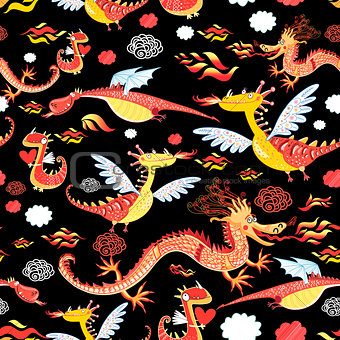 Seamless pattern of bright funny dragon