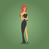 Beautiful Woman In Fancy Black Gown, Gambling And Casino Night Club Related Cartoon Illustration