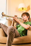 Playing the trumpet in the living room