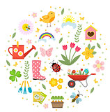 Spring icons set in round shape, flat style. Gardening cute collection of design elements, isolated on white background. Nature clip art. Vector illustration.