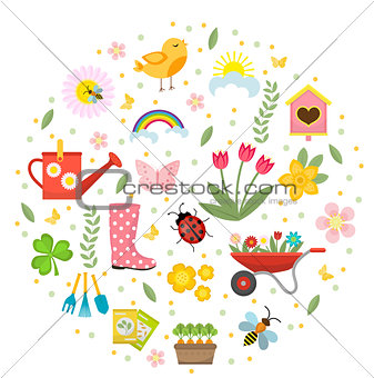 Spring icons set in round shape, flat style. Gardening cute collection of design elements, isolated on white background. Nature clip art. Vector illustration.