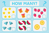 Childrens educational logic game. Mathematical task. How many. Vector illustration.