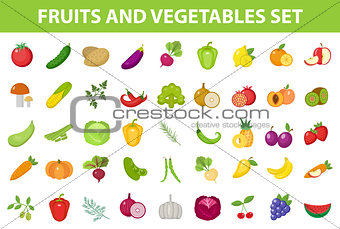 Fresh Fruit and Vegetable icon set, flat, cartoon-style. Berries and herbs isolated on white background. Farm products, vegetarian food. Vector illustration.