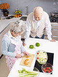 senior couple chatting in kitchen