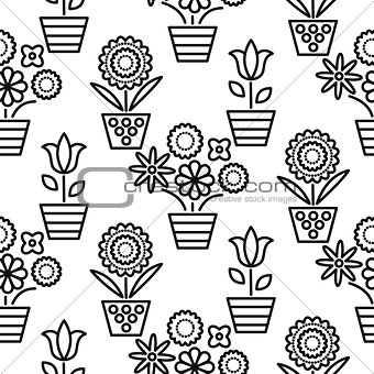 Black and white line flower pots seamless vector.