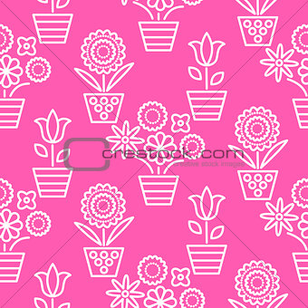 Pink and white line flower pots seamless vector.