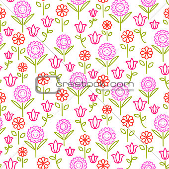 Seamless vector pattern with bright line flowers on white.
