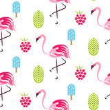 Summer pattern with flamingo, ice cream and raspberries.