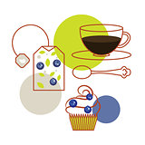 Blueberry tea bag and cup of tea with cupcake vector.
