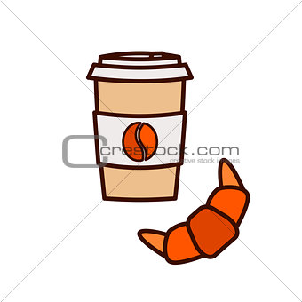 Coffee to go and croissant vector icon illustration.