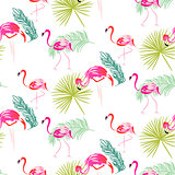 Summer flamingo and palm tropic branches seamless pattern.