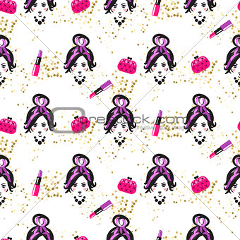 Chic girl face and purses fashion seamless pattern.