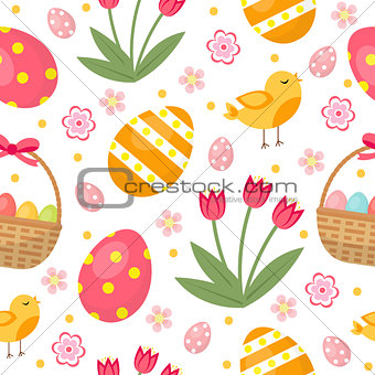 Cute Easter seamless pattern with eggs in basket, birds and flowers. Endless Spring background, texture, digital paper. Vector illustration.