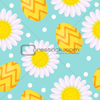 Cute Easter seamless pattern with eggs and camomile, endless backdrop. Holiday background, texture, digital paper. Vector illustration.