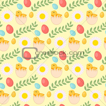 Cute Easter seamless pattern with chick, eggs and flowers, endless backdrop. Holiday background, texture, digital paper. Vector illustration.