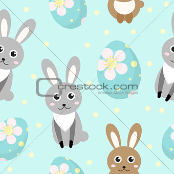 Cute Easter seamless pattern with rabbit and eggs, endless backdrop. Holiday background, texture, digital paper. Vector illustration.