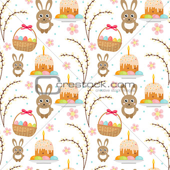 Easter seamless pattern with rabbit, egg basket, cake, pussy willow. Endless Spring background, texture, digital paper. Vector illustration.
