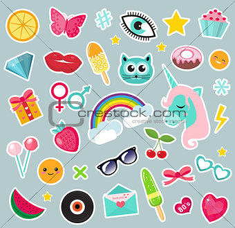 Fashion set of patches 80s comic style. Pins, badges and stickers Collection cartoon pop art with a unicorn, rainbow, lips, emoji. Vector illustration.