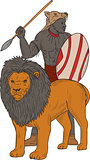 African Warrior Spear Hunting With Lion Drawing