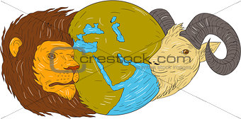 Lion Goat Head Middle East Map Globe Drawing