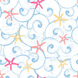 Ink hand drawn seamless pattern with seashells and starfishes