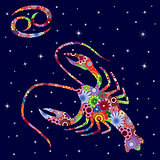 Zodiac sign Cancer with flowers fill over starry sky